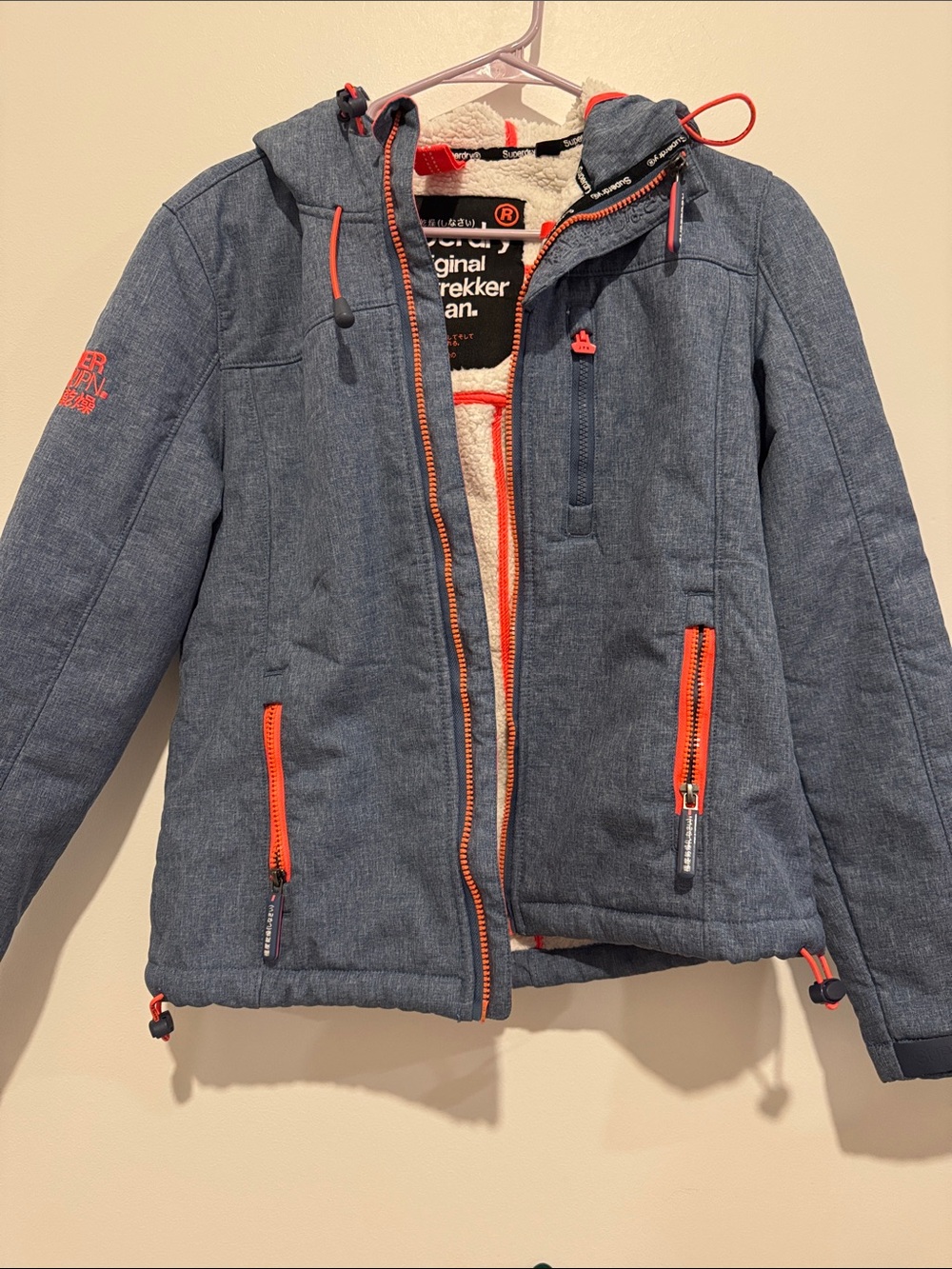 Superdry Kids Hooded Puffer Jacket in Denim Blue with Orange Trim
